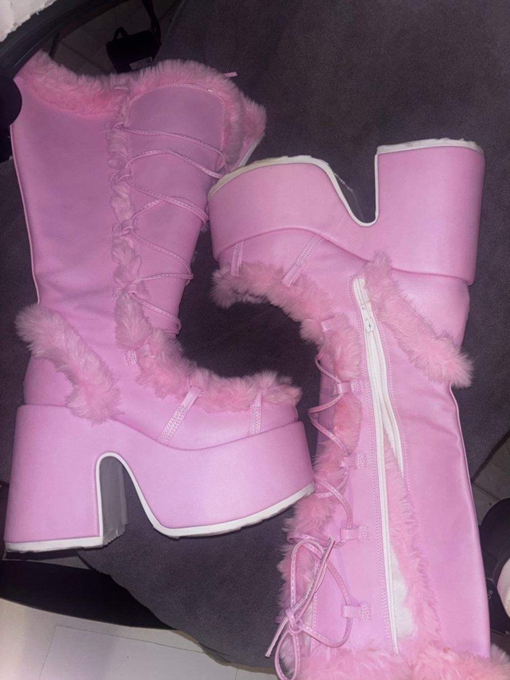Demonia Pink Faux Fur Platform Knee-High Boots CAMEL-311